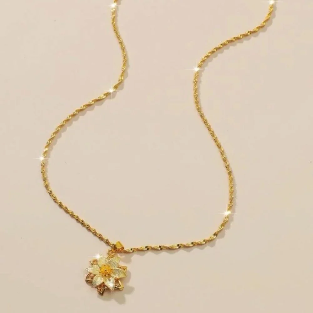 Yellow Gold Color Flower Pendant Necklace